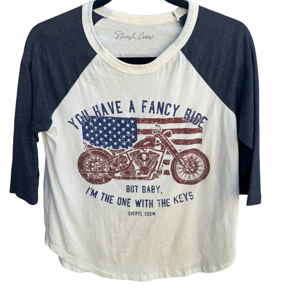 Sheryl Crow Graphic Baseball Tee‎ White Fancy Ride Motorcycle Americana Medium